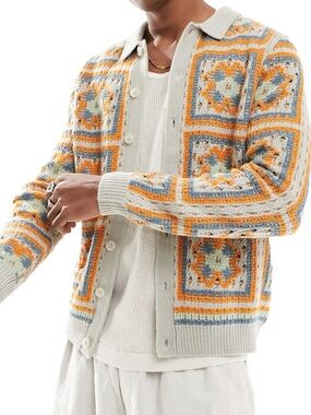 ASOS DESIGN knitted crochet patchwork button through polo in beige size men’s XL